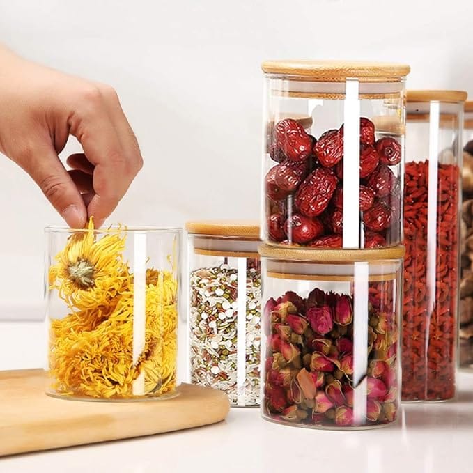 Glass Jars 9OZ, 12 Set with Bamboo Airtight Lids and Labels, Food Cereal Storage Large