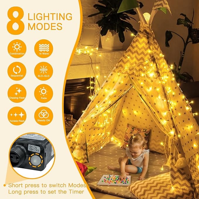 Ollny Outdoor String Lights 200LED 60FT, Warm White Connectable Plug in Fairy Light