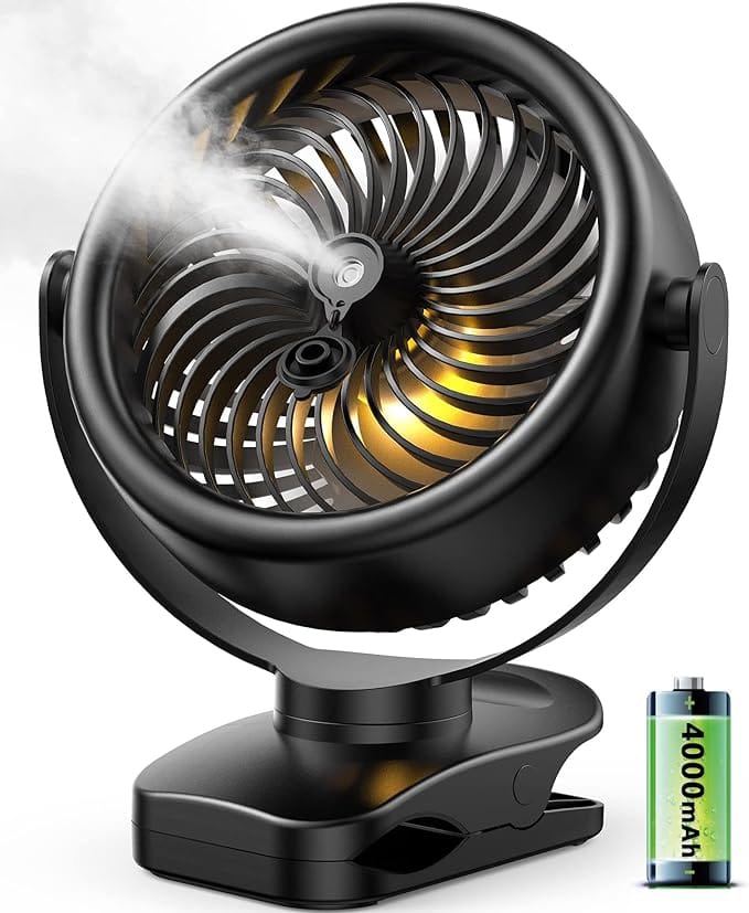 POWERbeast Clip On Fan, 4000mAh Portable Pram Fan, 7” USB Desk Fan, 4 Speeds 2 Mist Modes