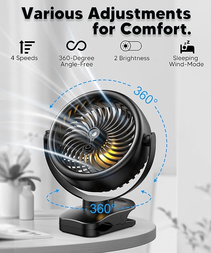 POWERbeast Clip On Fan, 4000mAh Portable Pram Fan, 7” USB Desk Fan, 4 Speeds 2 Mist Modes