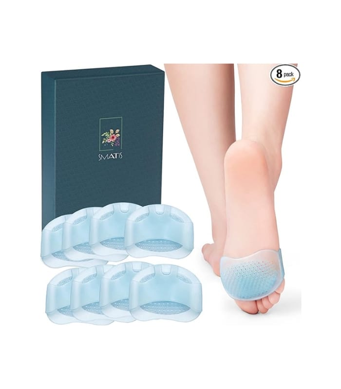 1.SAFETY -- These metatarsal pads are made from medical Grade Silicone Gel, our gel pads do not absorb odor and dirt 2.COMFY - Ball of foot cushions are very soft, gel pads have plenty of air holes for additional ventilation, which help reduce feet swelling, pain and discomfort during the standing long hours 3.RELIEVE PAIN -- These ball pads providing a mild massage during any movements thus improving the comfort level and helping relieve pain, and all the fatigue and stresses 4.REUSABLE -- When wearing ball pads was like walking on a cloud, and is easily cleaned with warm water and soap