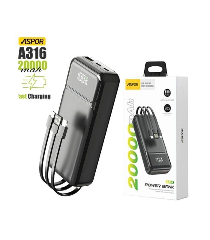 Aspor A316 20000mAh 22.5W Built-in Cable Fast Charging Power Bank